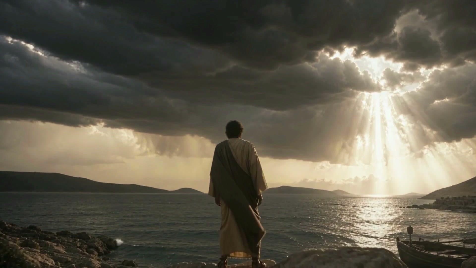 Figure facing the sea beneath an opening sky in the Apocalipsis motion film
